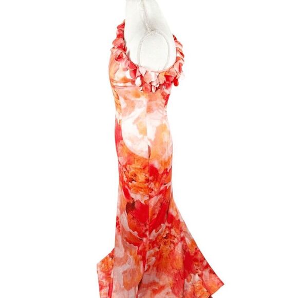 Rene Ruiz Collection One Shoulder 3D Applique Gown Fit Flare Dress Orange Size 2 - Picture 7 of 13